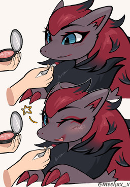 3_claws 3_fingers ambiguous_anthro ambiguous_gender ambiguous_human anthro anthro_focus applying_lipstick applying_makeup arm_tuft black_body black_eyebrows black_fur black_highlights blue_eyes blush blush_lines claws cute_fangs disembodied_hand duo elbow_tuft eyebrows eyelashes faceless_character faceless_human fangs finger_claws fingernails fingers fur grey_body grey_ears grey_fur hair happy highlights_(coloring) holding_lipstick holding_object light_body light_skin lipstick long_hair makeup multicolored_body multicolored_ears multicolored_fur multicolored_hair nails neck_tuft one_eye_closed open_mouth open_smile personal_grooming pink_tongue pupils red_claws red_finger_claws red_hair red_inner_ear simple_background smile solo_focus teeth text tongue tuft white_background wink meekax_x nintendo pokemon generation_5_pokemon human mammal pokemon_(species) zoroark 2025 absurd_res artist_name digital_media_(artwork) hi_res