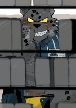 anthro badge belly black_nose blush bodily_fluids bottomwear breath can clothed clothing container crotch_tuft duo exhibitionism first_person_view fur genitals gesture grey_body grey_fur looking_at_viewer male open_bottomwear open_clothing open_pants pants pattern_clothing pattern_shirt pattern_topwear penis penis_base shelf shirt shush smile spots striped_clothing striped_shirt striped_topwear stripes sweat teeth topwear tuft underwear undressing unprofessional_behavior whiskers yellow_sclera hyaku_(artist) felid leopard mammal pantherine 2021 hi_res