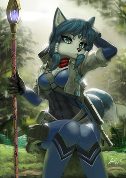 abs accessory anthro athletic athletic_anthro athletic_female belt blue_body blue_fur blue_hair bodysuit breasts clothed clothing detailed_background female fur gloves green_eyes gun hair hair_accessory handwear holding_object holding_weapon holster jacket looking_at_viewer melee_weapon multicolored_body multicolored_fur plant polearm raining ranged_weapon scarf sitting skinsuit solo spear staff tight_clothing topwear tree two_tone_body two_tone_fur weapon wet white_body white_fur jecbrush nintendo star_fox krystal_(star_fox) canid canine fox mammal 2020 absurd_res digital_media_(artwork) hi_res signature