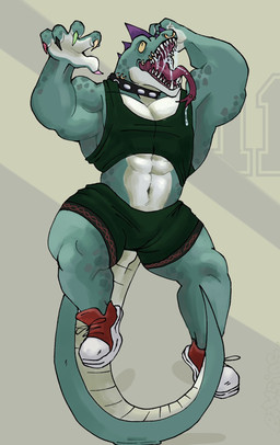 abs anthro balancing_on_tail basketball_uniform bodily_fluids bottomwear clothed clothing collar footwear green_body green_scales hand_on_head head_spikes long_tongue male mouth_piercing multicolored_claws muscular muscular_anthro muscular_arms muscular_male muscular_thighs navel neck_piercing one_leg_up open_mouth pecs piercing purple_spikes raised_arms raised_clothing raised_leg raised_shirt raised_topwear saliva saliva_on_tongue saliva_string scales serratus sharp_teeth shirt shoes shorts sneakers solo spikes spikes_(anatomy) sportswear tail tank_top teeth tongue tongue_out tongue_piercing topwear uniform yellow_sclera pawsins goat_(movie) sony_corporation sony_pictures modo_olachenko komodo_dragon lizard monitor_lizard reptile scalie 2026 digital_media_(artwork) hi_res
