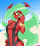 2017 5_fingers accessory beach bikini bracelet breasts clothed clothing demon eyebrows eyelashes female fingers fluffbug gesture green_eyes green_hair grin hair hand_gesture hand_on_hip horn humanoid jewelry long_hair long_torso middle_finger midriff navel necklace not_furry one-piece_swimsuit panty_and_stocking_with_garterbelt red_body red_skin scanty_daemon seaside skimpy sling_bikini smile solo spiky_hair swimwear yellow_eyes