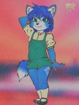 anthro blue_body blue_fur blue_hair bottomwear canid canine child clothed clothing digital_media_(artwork) female footwear fox fur green_eyes hair hi_res krysi krystal_(star_fox) looking_at_viewer mammal nintendo shoes shorts smile socks solo star_fox tail vtalfluffy white_body white_fur young young_anthro zak898