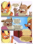 3:4 absurd_res angry anthro black_nose blonde_mane blue_eyes blue_inner_ear blush brown_body brown_eyes brown_fur brown_inner_ear canid canine cheek_tuft clenched_teeth comic dialogue digital_drawing_(artwork) digital_media_(artwork) duo eevee eeveelution elizabeth_venizee english_text facial_tuft female flamberry_(artist) flareon franklin_flare fur generation_1_pokemon hair hi_res ibispaint_(artwork) male male/female mammal mane nintendo open_mouth orange_body orange_fur orange_nose orange_tuft page_number pokemon pokemon_(species) scared shaking simple_background speech_bubble spying teeth text tongue tuft yelling