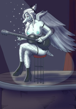 5_fingers acoustic_guitar amber_eyes anthro areola armwear big_areola bodily_fluids bone_frill boots bottomwear breasts choker clothed clothing elbow_feathers eyelashes eyeshadow feathered_wings feathers female fingers fishnet_armwear fishnet_clothing fishnet_legwear footwear frill_(anatomy) furniture grey_body grey_feathers grey_hair grey_scales guitar hair high_heeled_boots high_heels jewelry legwear long_hair makeup miniskirt musical_instrument necklace nipples playing_guitar playing_music plucked_string_instrument purple_eyeshadow scales shoes short_tail skirt snout solo stage stool string_instrument tail tears topless topless_anthro topless_female wings nuar_come_mundos cavemanon_studios goodbye_volcano_high ko_op_(game_developer) snoot_game fang_(gvh) prehistoric_species pterosaur reptile scalie 2024 absurd_res digital_drawing_(artwork) digital_media_(artwork) hi_res