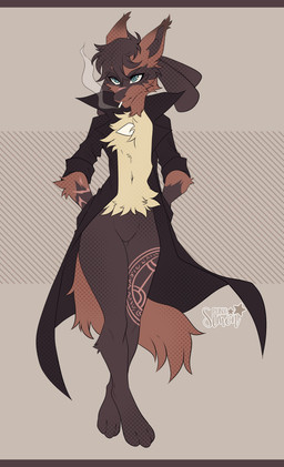 ambiguous_gender anthro arm_scar big_ears biped black_clothing black_coat black_topwear blue_eyes brown_body brown_fur chest_spike cigarette cigarette_in_mouth clothing coat facial_scar fluffy fluffy_chest fluffy_hair fluffy_tail fur hair leg_tattoo long_coat navel object_in_mouth scar snout snout_scar solo spikes spikes_(anatomy) tail tattoo topwear renjoy nintendo pokemon griffin_(but_jet) generation_4_pokemon lucario pokemon_(species) absurd_res hi_res letterbox