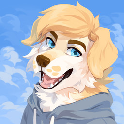 ambiguous_gender anthro black_lips blonde_hair blue_clothing blue_eyes blue_hoodie blue_sky blue_topwear brown_nose clothed clothing cloud detailed_background fur glistening glistening_eyes hair hoodie lips looking_at_viewer open_mouth open_smile pink_tongue sky smile solo tongue topwear unsigned white_body white_fur yellow_body yellow_fur corzh77 canid canine canis domestic_dog mammal 1:1 absurd_res bust_portrait detailed hi_res icon portrait