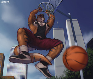 anthro armpit_hair ball basketball_(ball) black_clothing black_footwear black_nipples black_shoes black_topwear blue_eyes blue_sky body_hair bottomwear brown_body building clothed clothing footwear front_view grin jewelry looking_at_viewer low-angle_view male male_anthro markings modern_architecture muscular muscular_anthro muscular_male necklace new_york_city nipples outside pecs red_bottomwear red_clothing red_shorts shoes shorts sky skyscraper slam_dunk smile socks solo striped_arms striped_legs striped_markings striped_tail stripes tail tail_markings topwear twin_towers twin_towers_(new_york_city) white_clothing white_footwear white_shoes white_socks world_trade_center acidwuff kyo_(kiasano) mammal mustelid otter absurd_res english_description hi_res