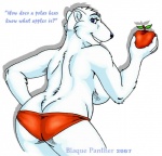 2007 anthro apple bear blaque_panther blue_eyes breasts butt clothed clothing curvy_figure dialogue digital_media_(artwork) english_text female food fruit fur looking_at_viewer looking_back mammal panties plant polar_bear portrait rear_view red_clothing red_panties red_underwear shadow signature simple_background slightly_chubby smile solo text three-quarter_portrait topless underwear ursine voluptuous white_background white_body white_fur