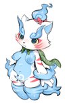 anthro areola blue_body blue_fur blush breasts crossgender featureless_crotch female fur markings mtf_crossgender nipples nude red_markings simple_background solo white_background white_body oposa asian_mythology east_asian_mythology japanese_mythology level-5 mythology yo-kai_watch komane foo_dog komainu mammal yokai absurd_res hi_res