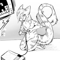 anthro controller fur game_controller gaming hair holding_controller holding_game_controller holding_object kneeling kneeling_on_floor kneeling_on_ground long_hair male nude playing_video_game solo tail tail_tuft tapering_tongue tongue tongue_out tuft crownedvictory tetris sergal 2015 digital_drawing_(artwork) digital_media_(artwork) greyscale monochrome sketch