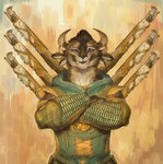 amber_eyes anthro brown_body brown_fur brown_hair clothing crossed_arms cute_fangs eyebrows fangs feline_ears female fur gold_(metal) gold_jewelry green_clothing gun hair happy horn jewelry looking_at_viewer looking_down merchant muscular muscular_anthro muscular_female raised_eyebrow ranged_weapon smile smiling_at_viewer smirk smug solo teeth weapon whiskers ametat42 guild_wars benelli_gatblaster_(fluffcat) charr felid feline mammal hi_res