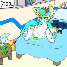 3_fingers 3_toes 4_ears abdominal_bulge after_vore ambiguous_gender anthro bed bedroom belly big_belly biped blue_body blue_feathers bones_in_stomach controller electronics fatal_vore feathers feet fingers furniture game_controller hand_on_belly headgear headphones headset inside multi_ear navel pawpads rumbling_stomach short sitting skull_imprint solo tail teeth toes vore white_body winged_arms wings finniponx finniponx_(character) avali 1:1 2025 hi_res