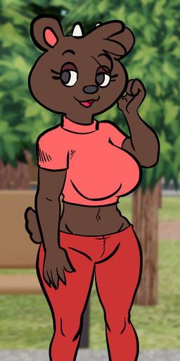 2_horns anthro black_eyes black_nose bottomwear breasts brown_body brown_clothing brown_ears brown_footwear brown_fur brown_hair brown_shoes brown_tail clothed clothing crop_top eyelashes female footwear fur hair half-closed_eyes hand_on_face hand_on_own_face horn looking_away narrowed_eyes outside pants pink_clothing pink_crop_top pink_shirt pink_topwear plant pose red_bottomwear red_clothing red_pants scut_tail shirt shoes short_tail smile solo standing tail topwear tree white_horn charliepops azuka_100_percent mitomi_(azuka_100_percent) deer mammal 2026 digital_media_(artwork) hi_res