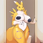1:1 anthro areola bandai_namco bedroom_eyes belly big_areola big_breasts black_areola black_nipples blue_eyes breasts canid curvy_figure digimon digimon_(species) female fur genitals hi_res huge_breasts magnetus mammal multicolored_body multicolored_fur narrowed_eyes nipples nude pictographics portrait pussy renamon seductive solo text thick_thighs third-party_edit three-quarter_portrait three-quarter_view voluptuous white_body white_fur wide_hips yellow_body yellow_fur