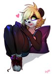 anthro black_nose blonde_hair clothing colored_nails female footwear green_eyes hair heart_symbol looking_up nails pillow pink_nails shoes simple_background sitting smile solo white_background synnfultiger bear giant_panda mammal 2021 absurd_res hi_res