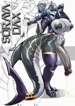 4_toes 5_fingers abs accessory anthro areola athletic athletic_anthro athletic_intersex balls barbell_piercing big_balls big_breasts big_butt big_penis big_tail biped black_areola black_body black_clothing black_genitals black_nipples black_penis black_skin blue_hair bodily_fluids bottomless breasts butt claws clothed clothed_anthro clothed_gynomorph clothed_intersex clothing countershading cum cum_drip cum_dripping_from_penis cum_dripping_on_floor cum_on_body cum_on_feet cum_on_ground cum_on_knee cum_on_leg cum_on_penis cum_on_self cum_string curvy_figure digitigrade dripping ear_piercing ear_ring egyptian ejaculation erection eyebrows facial_tattoo feet fin fingers flaccid footwear furgonomic_piercing furgonomics genital_fluids genital_tattoo genitals gills glans glistening glistening_balls glistening_body glistening_breasts glistening_genitalia glistening_penis glistening_thighs gold_(metal) gold_jewelry gradient_genitalia grey_body grey_genitals grey_skin grin gun gynomorph gynomorph_anthro hair half-erect handgun holding_gun holding_handgun holding_object holding_ranged_weapon holding_weapon huge_balls huge_breasts huge_penis huge_tail humanoid_genitalia humanoid_penis hyper hyper_balls hyper_genitalia hyper_penis intersex intersex_anthro jacket jewelry leaking leaking_cum legwear long_penis long_tail looking_at_viewer markings mostly_nude multicolored_body multicolored_hair multicolored_penis muscular muscular_anthro muscular_gynomorph muscular_intersex navel nipple_barbell nipple_dip nipple_piercing nipples open_clothing open_jacket open_topwear partially_clothed penis piercing pistol pubic_tattoo puffy_nipples purple_clothing purple_genitals purple_legwear purple_penis ranged_weapon ring ring_(jewelry) ring_piercing shark_tail sharp_teeth shotgun simple_background smile smiling_at_viewer solo spots spotted_body standing stockings tail tail_accessory tail_fin tail_jewelry tail_ring tailband tattoo teeth text thick_tail thick_thighs thigh_highs toe_claws toes topwear two_tone_body two_tone_genitals two_tone_hair two_tone_penis vein veiny_penis weapon white_background white_balls white_body white_breasts white_eyebrows white_genitals white_hair white_penis white_skin wide_hips yellow_eyes albinion soraya_dax aquatic fish shark absurd_res digital_media_(artwork) english_text hi_res