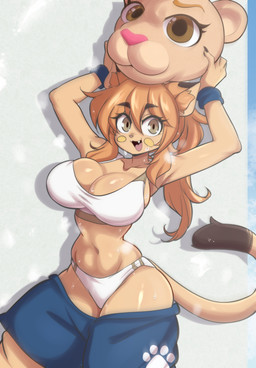 anthro big_breasts bottomwear bottomwear_down bra breasts brown_eyes brown_hair bulging_breasts clothed clothing collarbone dipstick_ears dipstick_tail ear_markings eyebrow_through_hair eyebrows eyelashes fangs female glistening glistening_body glistening_breasts hair headgear headwear inner_ear_fluff markings mascot multicolored_ears musk navel open_mouth open_smile panties partially_clothed shorts shorts_down smile solo tail tail_markings tan_body teeth thick_thighs translucent translucent_hair tuft underwear wide_hips lucyfercomic club_universidad_nacional liga_mx goya_(lucyfercomic) goya_(pumas_unam) cougar felid feline mammal 2026 absurd_res hi_res