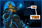 anthro biped blue_eyes blue_hair bodily_fluids brown_body brown_fur brown_hair clothing dialogue drone dronesuit dronification edging fur hair hand_on_bulge hypnosis hypnotic_eyes hypnotic_visor latex latex_clothing latex_skinsuit lock_bulge lock_symbol lying male masturbation mind_control null_bulge pecs shaking shivering simple_background skinsuit solo spiral_eyes sweat sweatdrop teasing text tight_clothing tilde_after_text bullgator hyena mammal spotted_hyena 2025 english_text hi_res