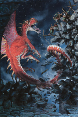 ambiguous_gender armor arrow_(weapon) bow_(weapon) claws falling feral flying group headgear helmet holding_bow_(weapon) holding_crossbow holding_object holding_ranged_weapon holding_weapon horn long_tail membrane_(anatomy) membranous_wings night open_mouth outside ranged_weapon red_body red_scales rock scabbard scales star tail tongue tongue_out weapon wings paul_bonner hasbro magic:_the_gathering mythology wizards_of_the_coast dragon human mammal mythological_creature mythological_scalie scalie hi_res official_art traditional_media_(artwork)
