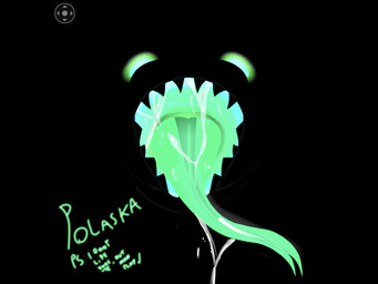 anthro black_background bodily_fluids dark glowing glowing_eyes glowing_mouth glowing_tongue green_eyes green_mouth green_tongue long_tongue male mouth_shot open_mouth saliva saliva_string sharp_teeth simple_background solo teeth text tongue 4:3 english_text hi_res lineless signature
