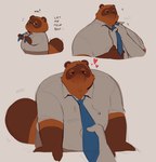 anthro belly blush brown_body brown_fur chibi clothing clothing_pull dress_shirt fur heart_symbol looking_at_viewer male necktie necktie_pull overweight shirt smile smirk topwear krunnnnnch animal_crossing nintendo tom_nook_(animal_crossing) canid canine mammal raccoon_dog tanuki