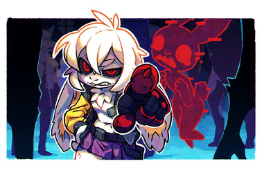 anthro black_sclera bottomwear clothing duo female fur gesture hand_gesture hologram looking_at_viewer pointing pointing_at_viewer red_eyes skirt standing topwear vest white_body white_fur polygoncherub clover_(polygoncherub) lucky_(polygoncherub) lagomorph leporid mammal rabbit hi_res