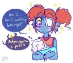 anthro baby blue_body blue_skin bodily_fluids dialogue duo eye_patch eyewear female hair long_ears male red_hair simple_background sleeping sparkles sweat text white_background young katelynntheg undertale undertale_(series) asgore_dreemurr asriel_dreemurr undyne boss_monster_(undertale) bovid caprine fish goat humanoid mammal marine 2016 english_text