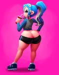 beverage big_butt blue_hair butt clothing container cup female freckled_butt freckled_face freckles green_eyes hair light_body light_skin looking_back pink_background ponytail simple_background solo tentacles thick_thighs topwear undersized_bottomwear undersized_clothing vest wide_hips outta_sync nintendo splatoon cephalopod coleoid humanoid marine mollusk octarian octoling octopodiform octopus absurd_res hi_res