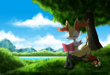ambiguous_gender anthro blue_sky book cloud detailed_background dipstick_tail eyes_closed holding_book holding_object inner_ear_fluff markings multicolored_tail nature outside plant sky solo tail tail_markings tree tuft water winick-lim nintendo pokemon braixen canid canine generation_6_pokemon mammal pokemon_(species) 2015 digital_media_(artwork)