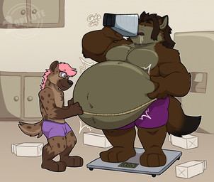 3_toes anthro appliance aroused aroused_face aroused_smile belly belly_grab belly_tuft big_belly big_feet blender_(machine) bloated brown_body brown_fur brown_hair bulge carton clothing container drinking duo error_message eyebrows eyes_closed eyewear feet fur glasses hair kitchen kitchen_appliance long_hair male male/male measuring_belly milk_carton milk_container musclegut muscular navel overweight overweight_anthro overweight_male pink_eyebrows pink_hair purple_clothing purple_underwear size_difference stocky stuffing tape_measure toes tuft underwear wearing_glasses weighing_scale weight_difference weight_gain whiskers zopilotemenu guante hykewolffen canid canine canis hyena mammal wolf 2025 hi_res