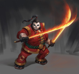 anthro asian_clothing belt clothing east_asian_clothing flaming_sword grey_background hair holding_melee_weapon holding_object holding_sword holding_weapon male melee_weapon ponytail red_clothing simple_background solo standing sword weapon ugo_chiola blizzard_entertainment warcraft bear giant_panda mammal pandaren 2015 hi_res
