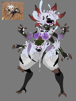 4_arms anthro black_eyes blue_tongue bottom_heavy breasts female front_view genitals green_body grey_background looking_at_viewer multi_arm multi_eye multi_limb navel open_mouth purple_breasts simple_background small_breasts solo thick_thighs tongue vulva white_body wide_hips hahadesiowo grounded_(game) infected_broodmother_(grounded) arachnid arthropod spider 3:4 hi_res