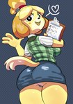 2024 4_fingers accessory animal_crossing anthro back_boob bedroom_eyes bell big_breasts biped black_eyes blonde_hair blue_background bottomwear breasts buckteeth butt canid canine canis cardigan checkered checkered_clothing checkered_topwear clipboard clothed clothing dipstick_tail domestic_dog dotted_background female fingers furgonomics gesture hair hair_accessory hair_bun hair_tie heart_symbol hi_res holding_clipboard holding_object isabelle_(animal_crossing) kitapult looking_at_viewer looking_back looking_back_at_viewer low-angle_view mammal markings narrowed_eyes nintendo open_mouth open_smile panties pattern_background pattern_bottomwear pattern_clothing pattern_panties pattern_topwear pattern_underwear pencil_skirt rear_view seductive shih_tzu simple_background skirt smile solo speech_bubble striped_bottomwear striped_clothing striped_panties striped_underwear stripes tail tail_markings teeth thick_thighs tied_hair tight_bottomwear tight_clothing tight_skirt topwear toy_dog underwear upskirt waving waving_at_viewer yellow_body