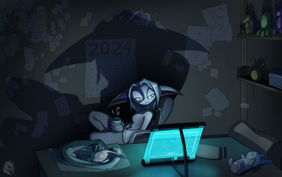 anthro beverage biped blue_hair breasts chair clothed clothing coffee computer container cup dark desk detailed_background doll electronics eyes_closed female furniture glowing hair half-closed_eyes holding_object inside laptop lying monitor narrowed_eyes office_chair pillow plushie pupils relaxing sitting sleeping slit_pupils smile solo table text topwear white_body wings raubr1tter dreamkeepers wisp_(dreamkeepers) domestic_cat felid feline felis mammal ryuu-neko absurd_res hi_res