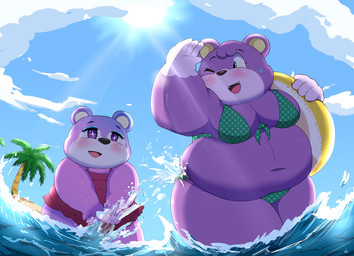 anthro beach belly big_belly breasts clothing cloud detailed_background duo female navel one_eye_closed outside overweight palm_tree pink_body plant seaside sparkles sparkling_eyes sun swimwear tree water kusosensei animal_crossing nintendo judy_(animal_crossing) megan_(animal_crossing) bear mammal 2022 hi_res