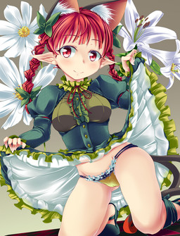 animal_ears bow braid camel_toe checkered_floor dress dress_lift extra_ears fangs female flower hair hair_bow kneeling long_hair looking_at_viewer mary_janes multiple_tails nanatsuhane panties pointy_ears red_eyes red_hair rin_kaenbyou shoes solo touhou twin_braids underwear
Rating: Questionable
Score: 9
User: AnacondaRifle
Date: March 20, 2013