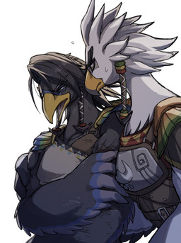 anthro arm_around_another arm_around_back armor beak black_body black_feathers clothed clothed_anthro clothed_male clothing duo feathers holding_arm looking_at_another male open_beak open_mouth side_by_side simple_background three-quarter_view white_background white_body white_feathers winged_arms wings lan_rizardon breath_of_the_wild nintendo the_legend_of_zelda harth_(tloz) teba_(tloz) avian rito 2021 half-length_portrait portrait