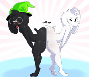 anthro ass_to_ass bent_over big_butt black_body black_fur blush butt butt_squish clothing duo eyewear femboy floppy_ears fur glasses glistening glistening_body hat hat_only headgear headgear_only headwear headwear_only male male_anthro mostly_nude nude one_eye_closed open_mouth short_tail shota simple_background sound_effects squish tail text white_body white_fur wide_hips wink young young_anthro young_male somescrub deltarune undertale undertale_(series) asriel_dreemurr ralsei boss_monster_(undertale) bovid caprine darkner goat mammal 2019 absurd_res digital_media_(artwork) hi_res