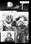 abs anthro bodysuit clothing dialogue gesture group male pecs salute skinsuit text tight_clothing chuurow lifewonders tokyo_afterschool_summoners breke_(tas) duo_(tas) canid canine canis human mammal wolf absurd_res comic english_text hi_res monochrome