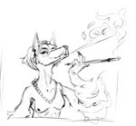 anthro arm_fur blowing breasts cigar cigarette_holder ear_piercing ear_ring elderly female gem hair jewelry necklace pearl_(gem) pearl_necklace piercing ring_piercing short_hair smoking solo horsemorseee canid canine canis domestic_dog mammal hi_res monochrome sketch unfinished