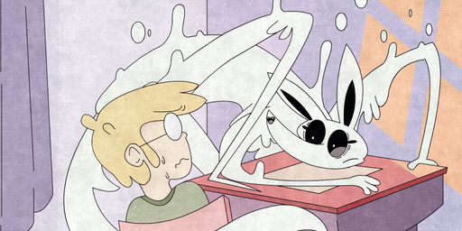 abstract_art ambiguous_gender anthro clothed clothing duo excited eyewear glasses hair happy male open_mouth simple_background smile shane_frost canid canine canis domestic_dog ghost human mammal spirit 2017 digital_media_(artwork)