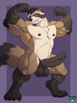 anthro balls beard biceps big_balls big_penis brown_body brown_fur ear_piercing erection facial_hair fur genitals humanoid_genitalia humanoid_penis male muscular nipples orange_eyes penis piercing pose solo kazusealcoon mammal procyonid raccoon 3:4 absurd_res hi_res