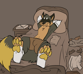 anthro bed biped black_markings black_nose bottomwear brown_body brown_fur bulge cheek_tuft claws clothed clothing countershade_face countershade_fur countershade_torso countershading dipstick_tail eyebrows eyes_closed facial_markings facial_tuft fluffy fluffy_tail fur furniture green_markings hands_behind_head head_markings inside lying lying_on_bed male markings mask_(marking) multicolored_body multicolored_fur on_back on_bed pawpads shorts solo tail tail_markings tan_body tan_countershading tan_fur toe_claws topless topless_male tuft two_tone_body two_tone_fur fuf ambiguous_species canid canine mammal 2018 hi_res