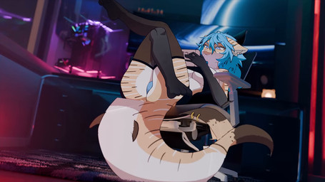 3d_background 5_fingers anthro armwear blinking blue_eyes blue_hair blue_light breasts chair clothing elbow_gloves electronics female fingers fur furniture game_console gloves hair handwear legwear orange_body orange_skin pawpads paws piercing red_lighting relaxing shark_tail solo stockings striped_body stripes tail underwear pendazella nintendo nintendo_switch aquatic fish shark 3d_(artwork) animated digital_media_(artwork) mixed_media short_playtime video