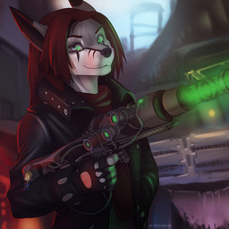 anthro black_nose blurred_background clothed clothing female fingerless_gloves fur gloves glowing gun hair handwear looking_at_viewer ranged_weapon red_hair solo weapon koul fallout microsoft katinka_vexoria tunnel_snakes_(fallout) canid canine fox mammal 1:1