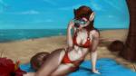 5_fingers anthro beach bikini breasts cleavage clothed clothing coconut detailed_background drupe_(fruit) eyebrows eyewear female fingers food fruit looking_at_viewer midriff navel on_towel outside plant red_eyes sand seaside sky solo sunglasses swimwear towel two-piece_swimsuit water wide_hips thescarletartist canid canine mammal