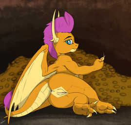 anthro anus cave claws coin detailed_background feet female genitals looking_at_viewer lying membrane_(anatomy) membranous_wings money on_side orange_body rear_view soles solo tail tail_anus teal_eyes treasure vulva wings zafara_(artist) friendship_is_magic hasbro my_little_pony mythology smolder_(mlp) dragon mythological_creature mythological_scalie reptile scalie hi_res signature