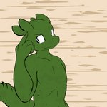 1:1 2014 anthro athletic clothed clothing digital_media_(artwork) green_body green_skin horn inside kobold lagotrope lizard male outline pupils reptile scalie slit_pupils solo standing story story_at_source story_in_description tgchan topless wall_(structure) zizi_(lagotrope)