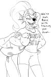 ?_face anthro bodily_fluids breasts clothed clothing duo eye_patch eyewear female hair headlock long_hair male muscular open_mouth sharp_teeth simple_background smile sweat teeth text white_background haaru undertale undertale_(series) anon undyne fish human mammal marine 2:3 monochrome
