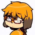 ambiguous_gender anthro blonde_hair brown_body brown_fur eye_patch eyewear fur glasses hair looking_at_viewer looking_back orange_body orange_fur pupils purple_eyes simple_background solo white_background white_pupils berseepon09 dog_girl_(berseepon09) canid canine canis domestic_dog mammal 1:1 bust_portrait hi_res portrait